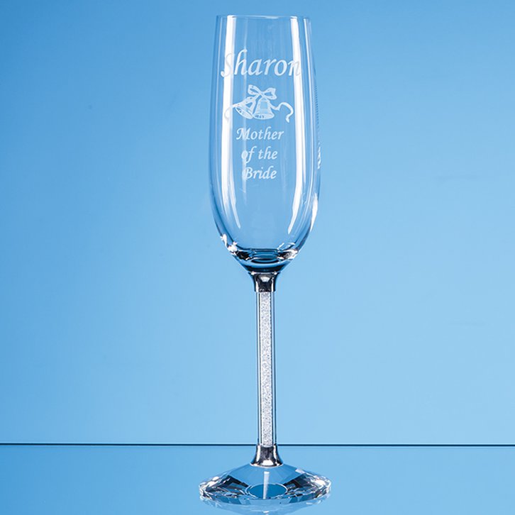 2 Crystal Champagne Flutes with Diamante Filled Stems in a Satin Lined Gift Box