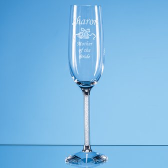 2 Crystal Champagne Flutes with Diamante Filled Stems in a Satin Lined Gift Box