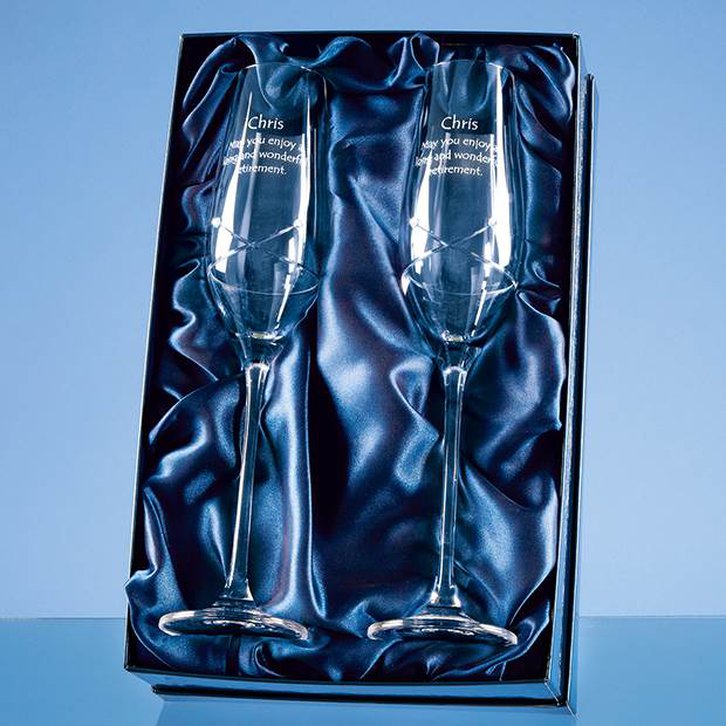 2 Diamante Champagne Flutes with a Kiss Cut Design in a Satin Lined Gift Box