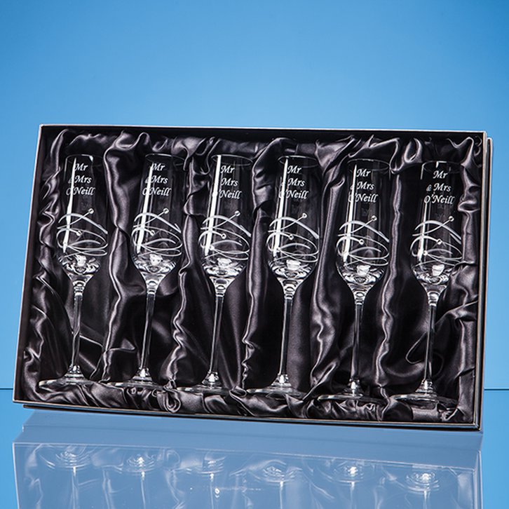 6 Diamante Champagne Flutes with Essence Design Cutting in a Satin Lined Gift Box