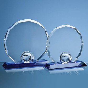 20cm Optical Crystal Decagon with Globe on a Blue Base