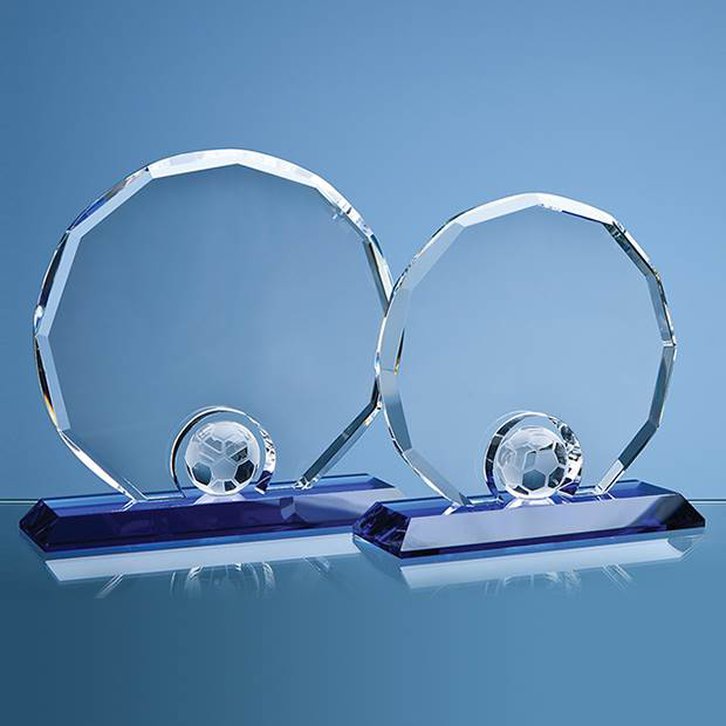 17.5cm Optical Crystal Decagon with Football on a Blue Base