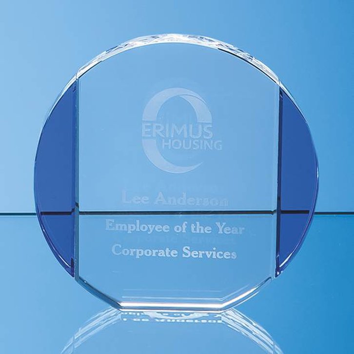 10.5cm Clear & Cobalt Blue Optical Crystal Column Circle Award