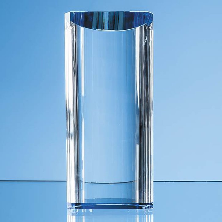15.5cm Optical Crystal Semi Circular Cylinder with a Cobalt Blue Base