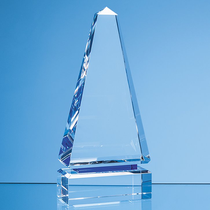 20cm Clear Optical Crystal Cenotaph Award with a Single Cobalt Blue Line