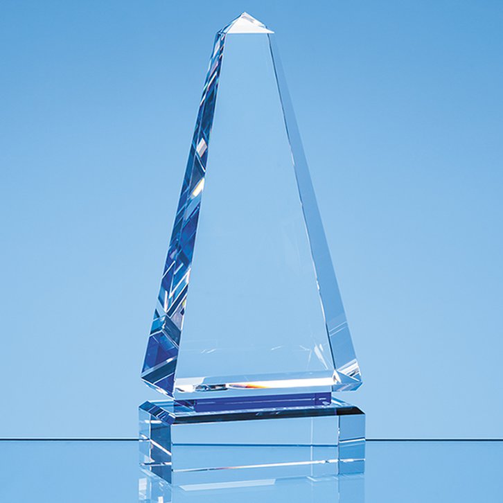 23cm Clear Optical Crystal Cenotaph Award with a Single Cobalt Blue Line