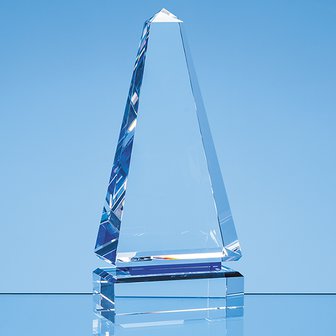 23cm Clear Optical Crystal Cenotaph Award with a Single Cobalt Blue Line
