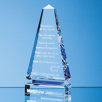 26cm Clear Optical Crystal Cenotaph Award with a Single Cobalt Blue Line