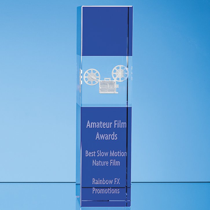 26cm Clear & Cobalt Blue Optical Crystal Square Column Award